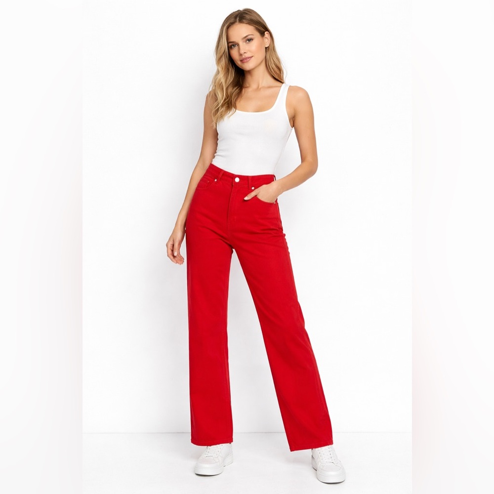 Zara Wide Leg Mid Rise Full Length Trendy Casual Fashion Vibrant Red Size 6